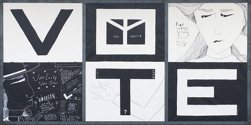 
          
            A three-panel black and white painting empowering the right to vote by artist @otherdesert
          
        